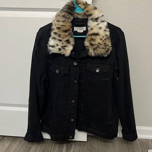 Black denim jacket with faux leopard collar